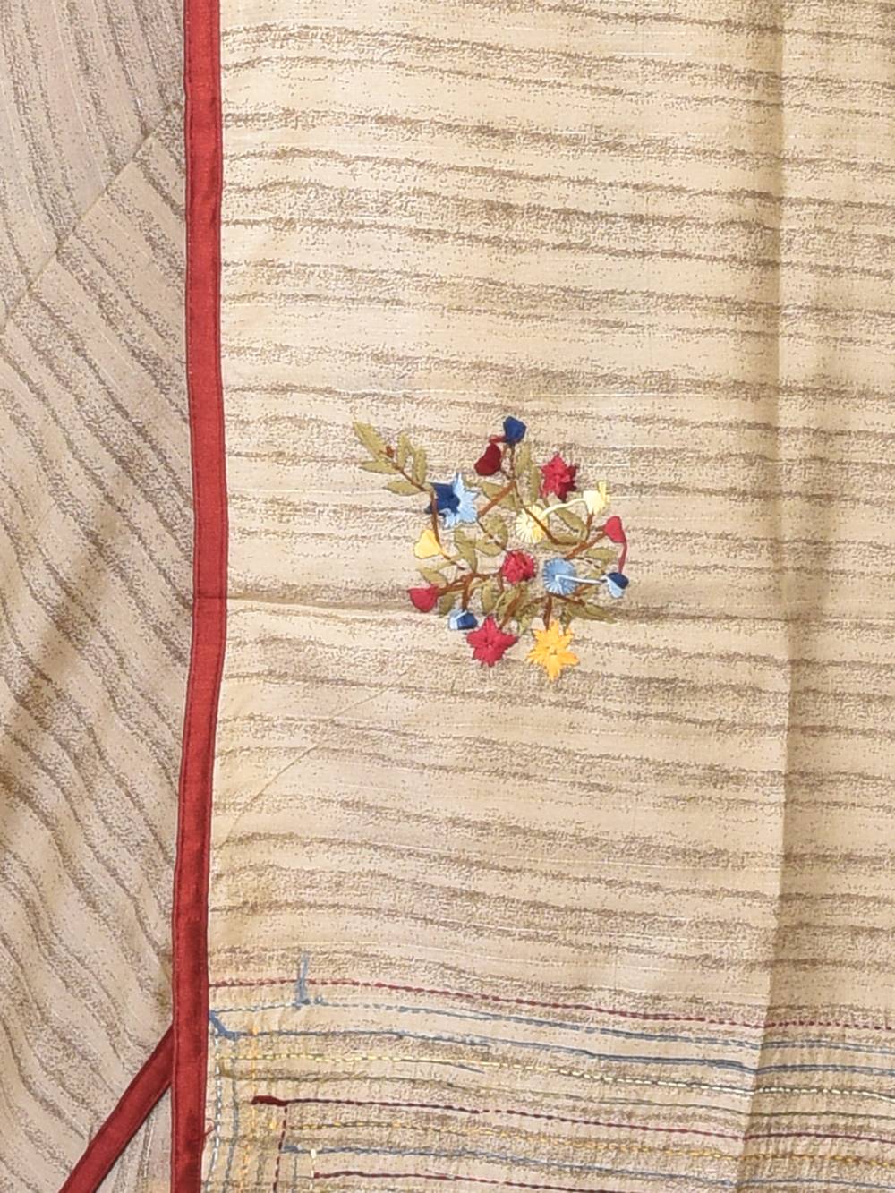Cream Semi Tussar Hand Embroidered Saree - Image 3