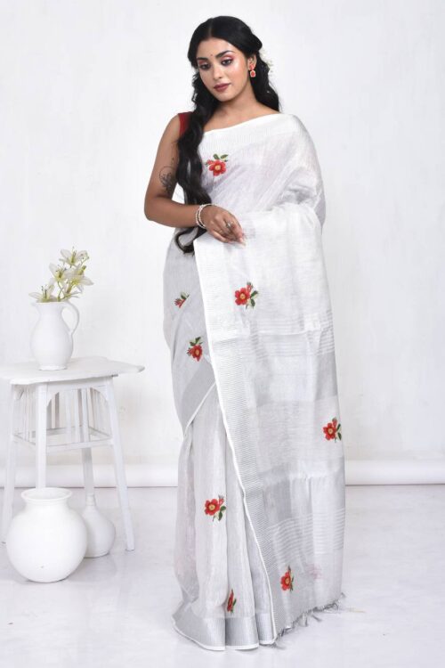 Silver Linen Hand Embroidered Saree