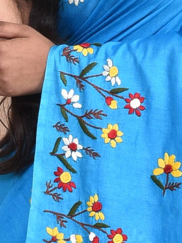 Sky blue Linen Hand Embroidered Saree - Image 3