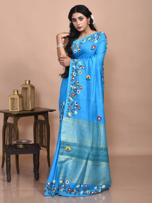 Sky blue Linen Hand Embroidered Saree