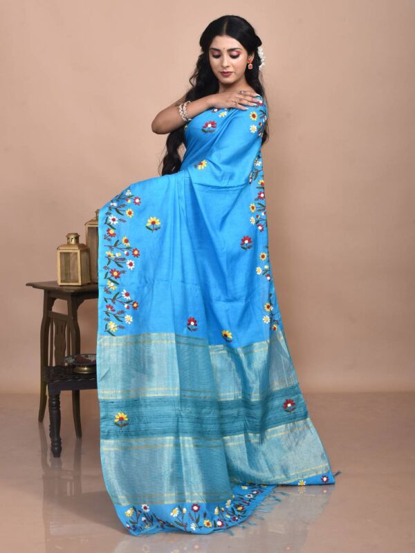 Sky blue Linen Hand Embroidered Saree - Image 4