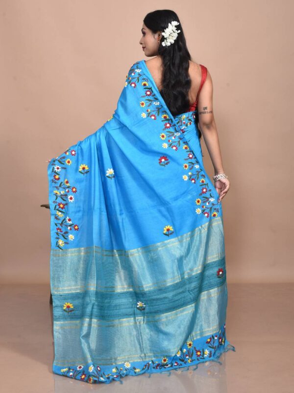 Sky blue Linen Hand Embroidered Saree - Image 2