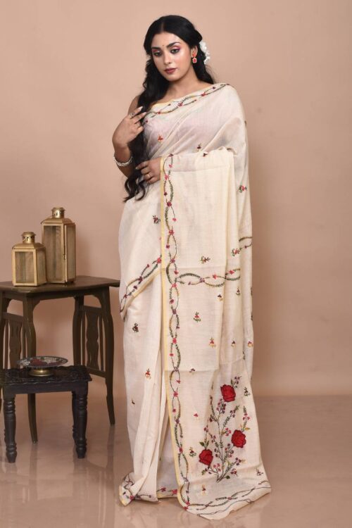 Off-White Cotton Hand Embroidered Saree