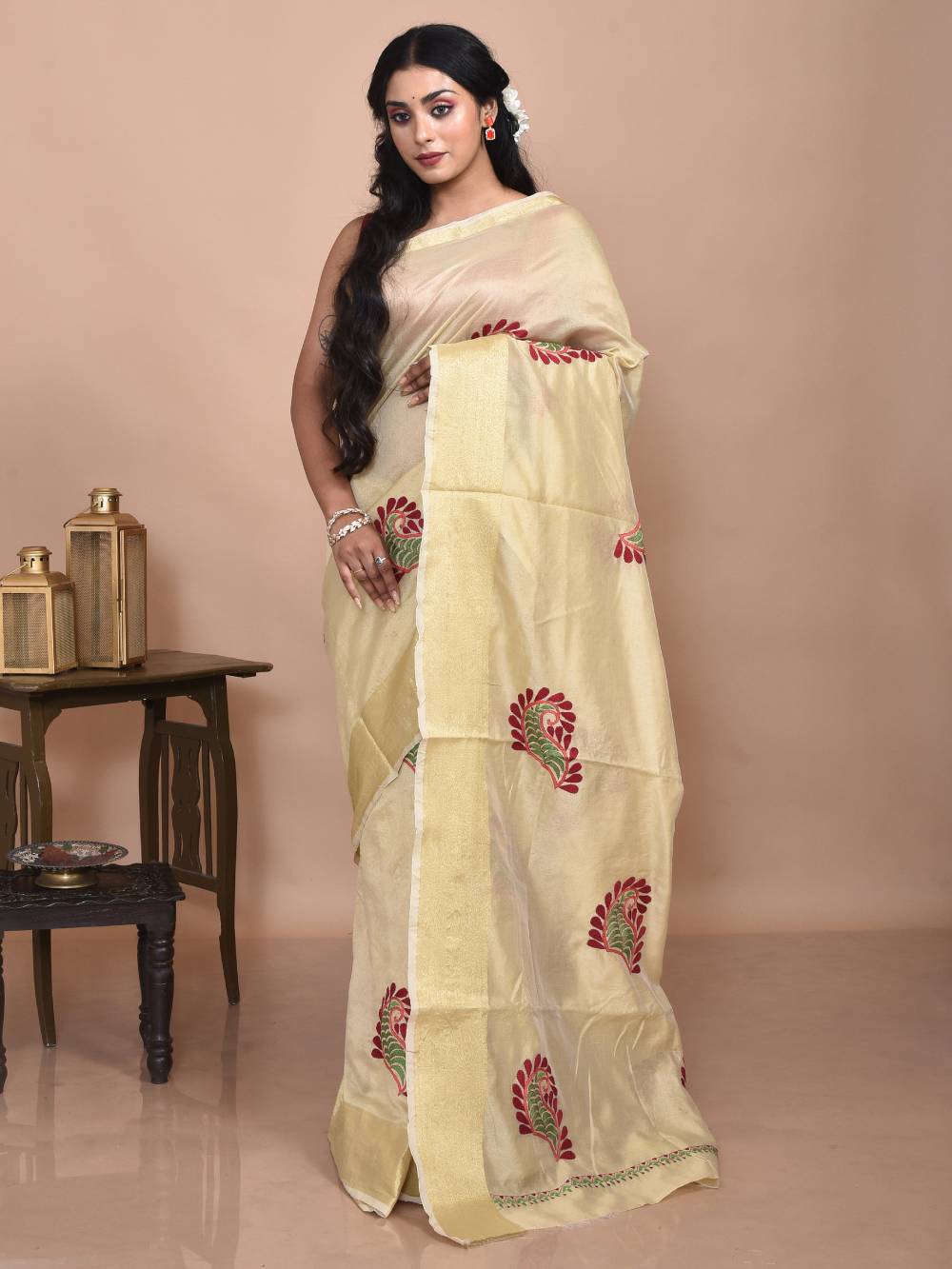 Golden Kolki Hand Embroidered Chanderi Saree