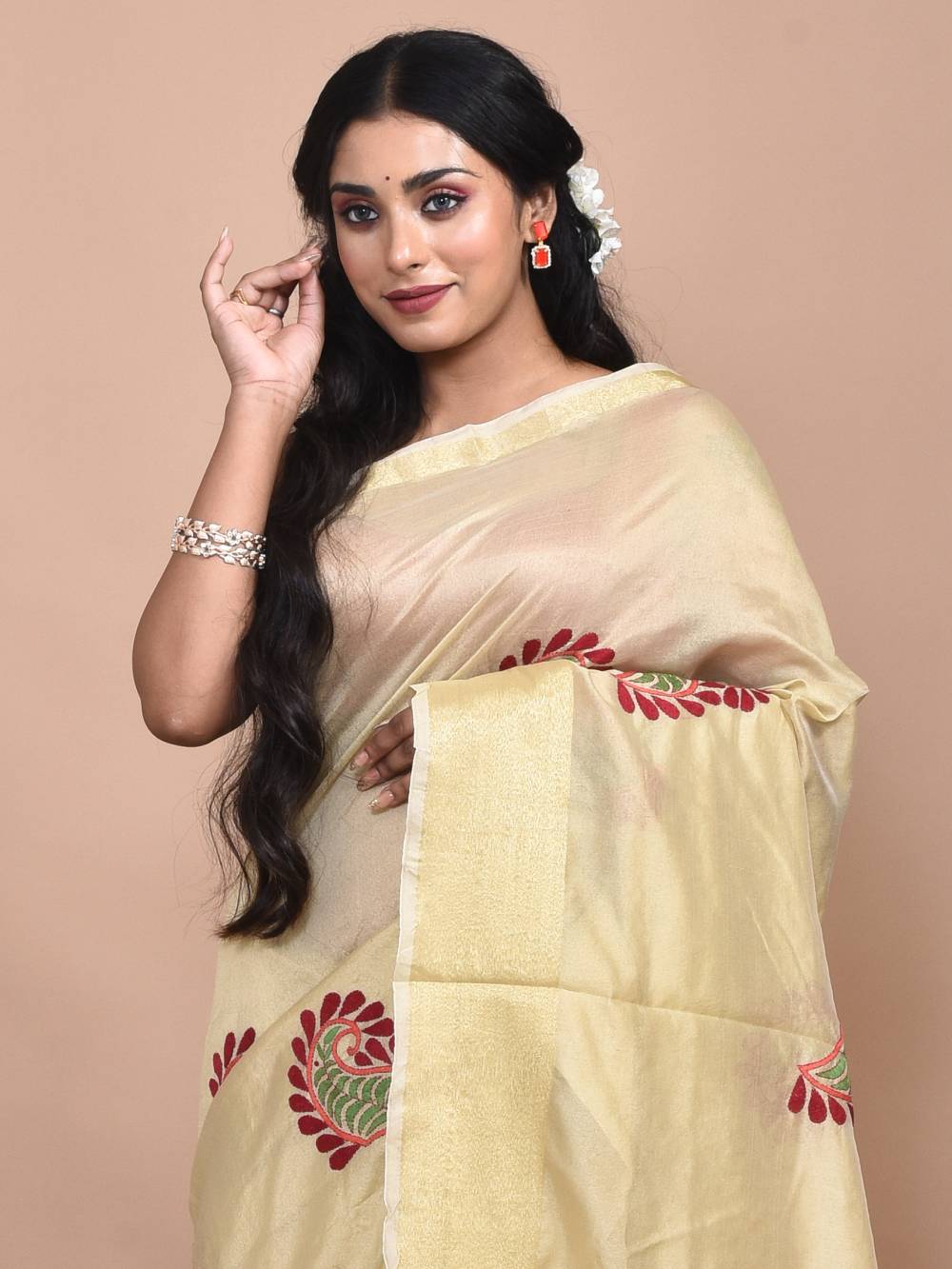 Golden Kolki Hand Embroidered Chanderi Saree - Image 6