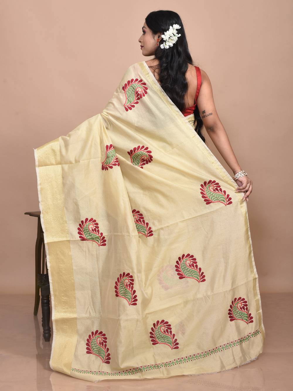 Golden Kolki Hand Embroidered Chanderi Saree - Image 2