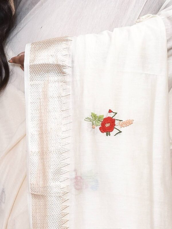 White Floral Hand Embroidered Chanderi Saree - Image 3