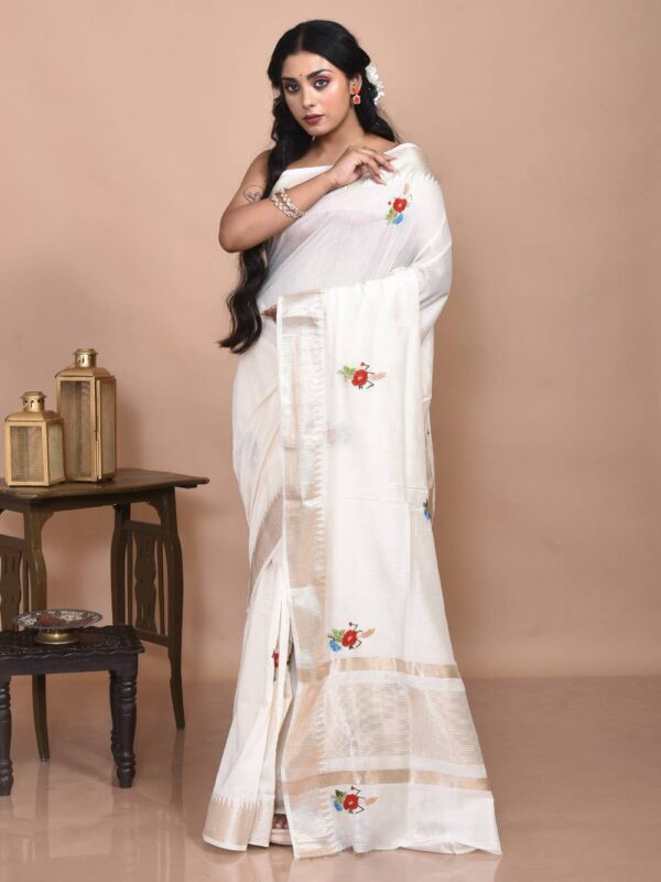 White Floral Hand Embroidered Chanderi Saree
