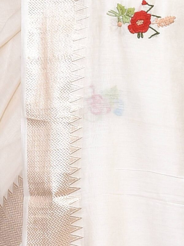 White Floral Hand Embroidered Chanderi Saree - Image 5