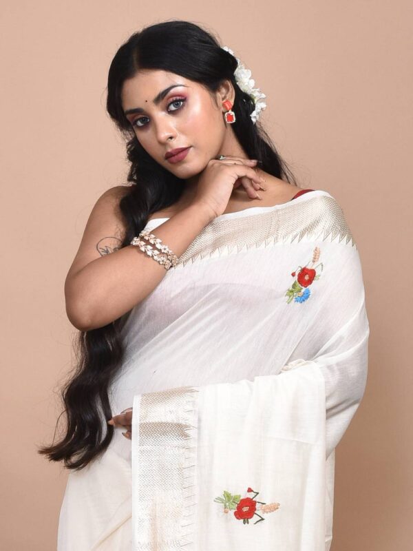 White Floral Hand Embroidered Chanderi Saree - Image 6