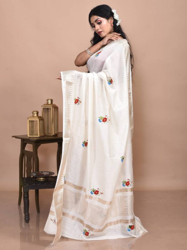 White Floral Hand Embroidered Chanderi Saree - Image 4