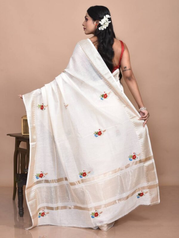 White Floral Hand Embroidered Chanderi Saree - Image 2