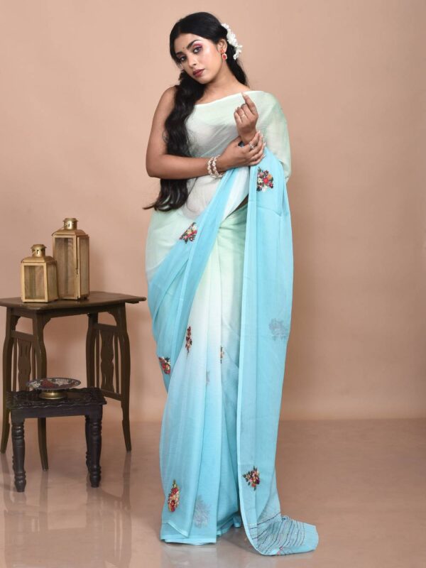 Sea Green Chiffon Hand Embroidered Saree