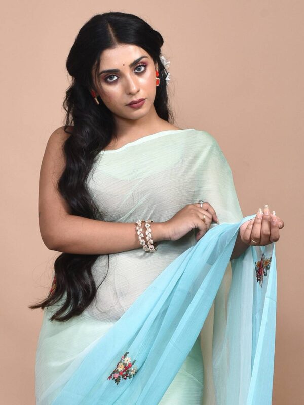 Sea Green Chiffon Hand Embroidered Saree - Image 6