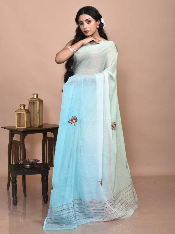 Sea Green Chiffon Hand Embroidered Saree - Image 4