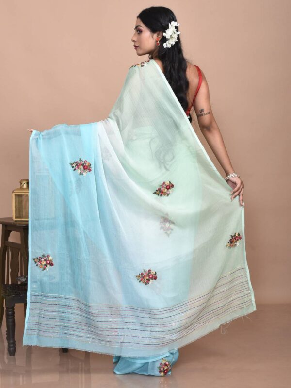 Sea Green Chiffon Hand Embroidered Saree - Image 2