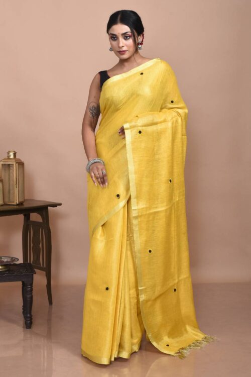 Yellow Linen Hand Embroidered Saree