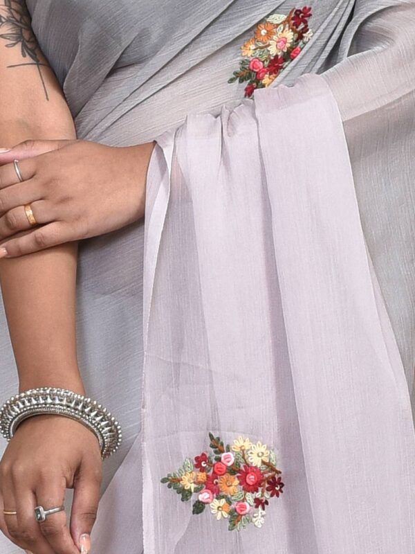 Grey Chiffon Hand Embroidered Saree - Image 3