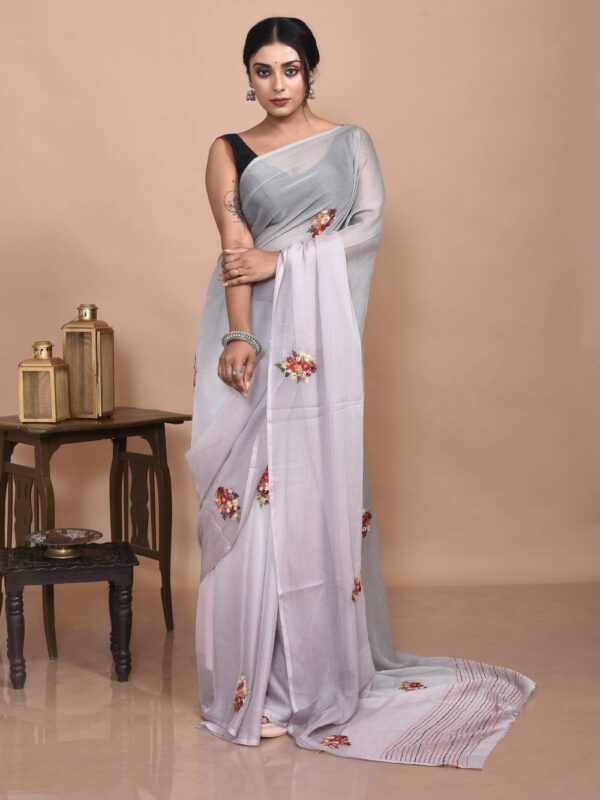 Grey Chiffon Hand Embroidered Saree