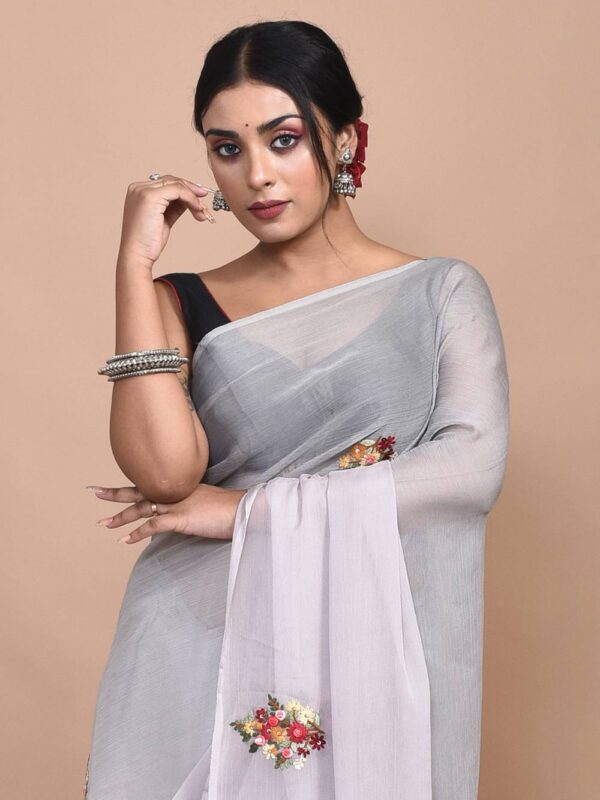 Grey Chiffon Hand Embroidered Saree - Image 6