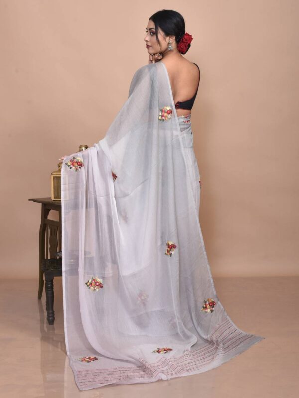 Grey Chiffon Hand Embroidered Saree - Image 2