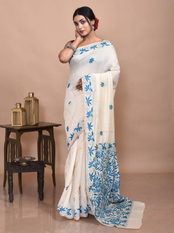 Off-White Floral Semi Tussar Kantha Stitch Saree