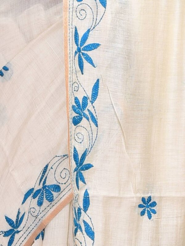 Off-White Floral Semi Tussar Kantha Stitch Saree - Image 5