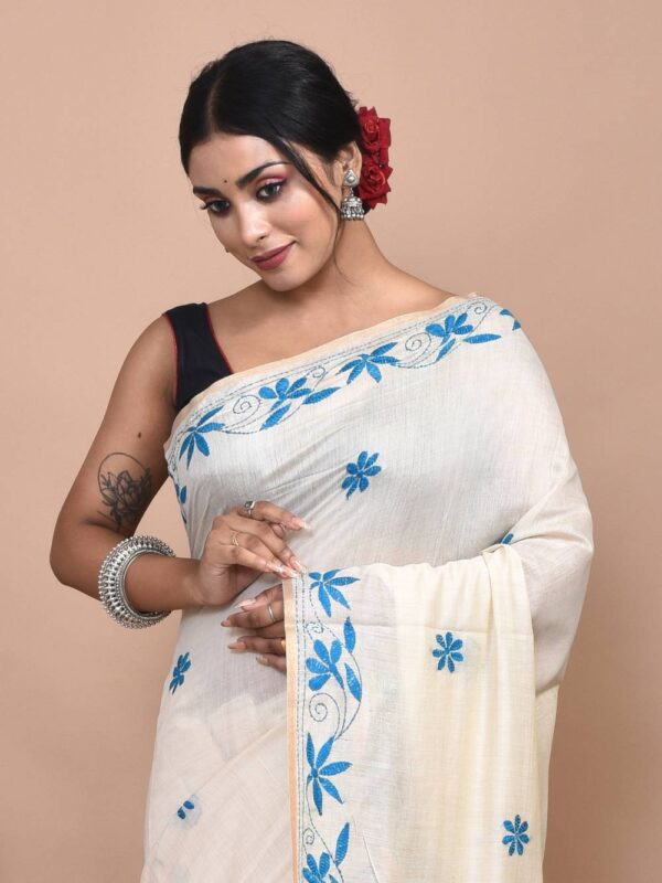 Off-White Floral Semi Tussar Kantha Stitch Saree - Image 6