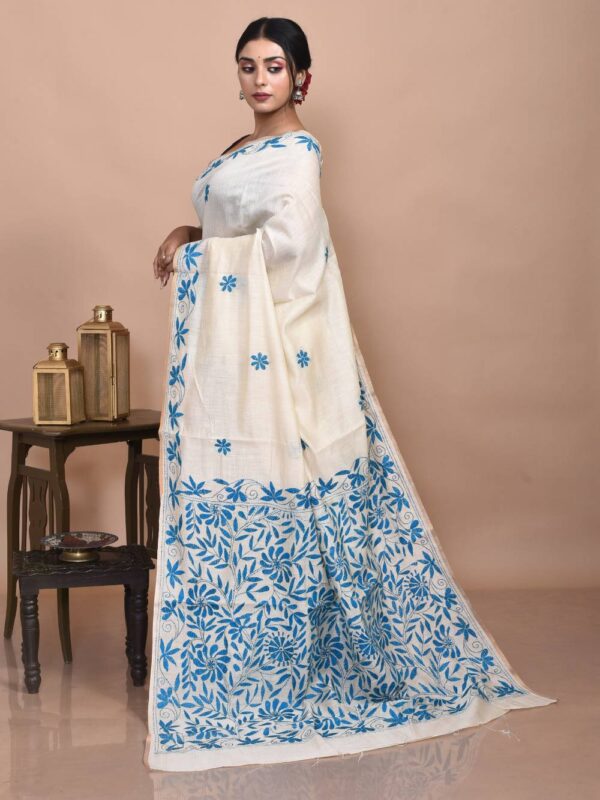 Off-White Floral Semi Tussar Kantha Stitch Saree - Image 2