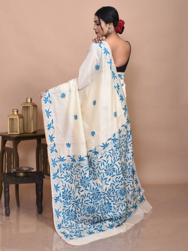 Off-White Floral Semi Tussar Kantha Stitch Saree - Image 4