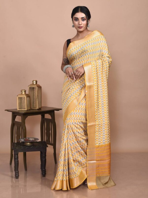 Yellow Chequered Linen Silk Saree