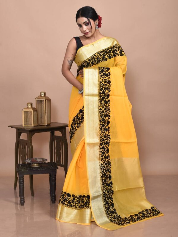 Yellow Mercerized Cotton Ari Embroidered Saree