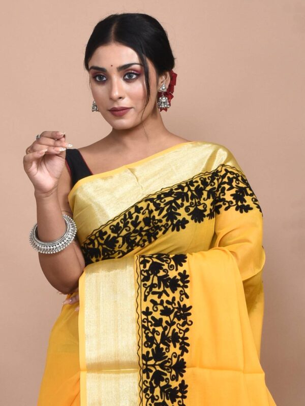 Yellow Mercerized Cotton Ari Embroidered Saree - Image 6