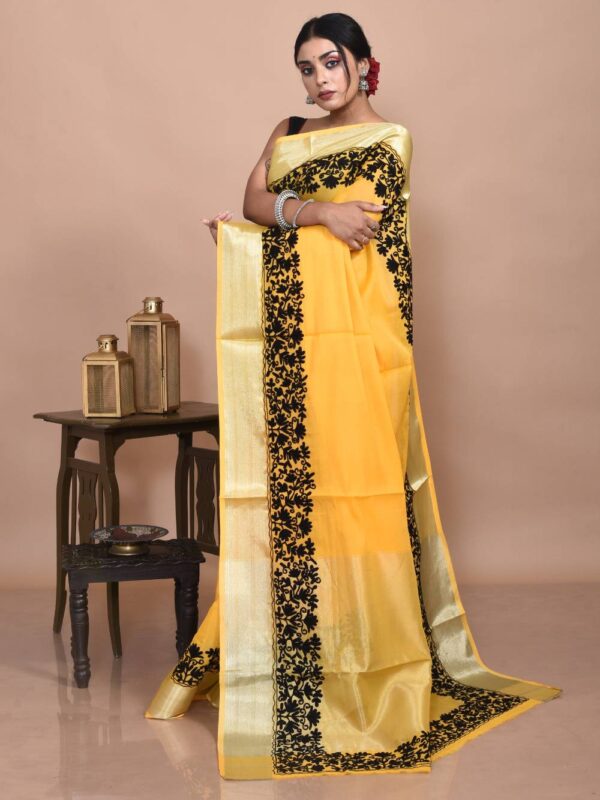 Yellow Mercerized Cotton Ari Embroidered Saree - Image 4