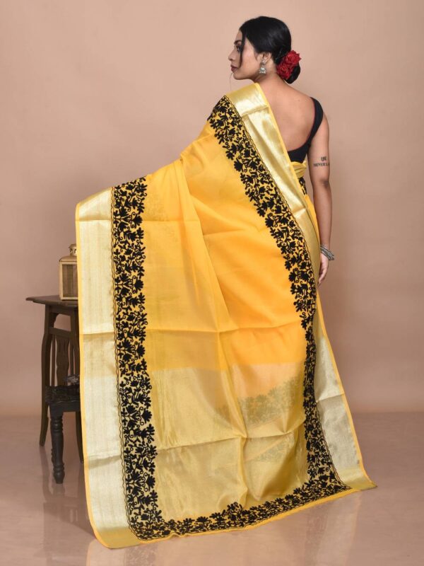 Yellow Mercerized Cotton Ari Embroidered Saree - Image 2