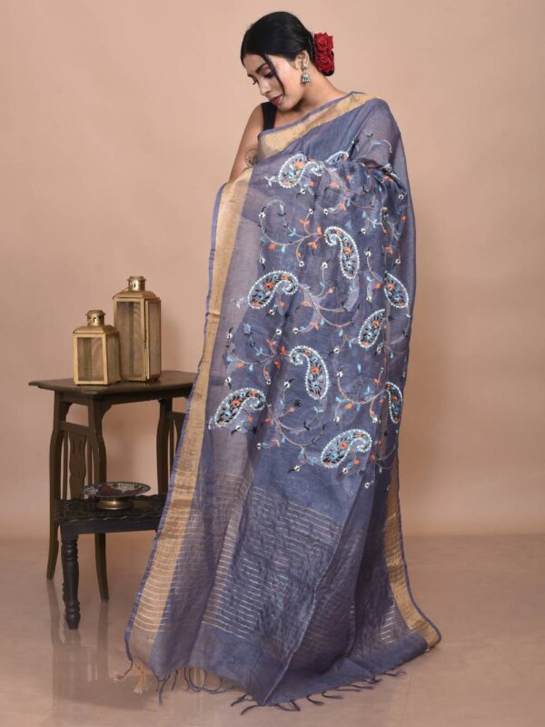 Grey Embroidered Linen Saree - Image 4