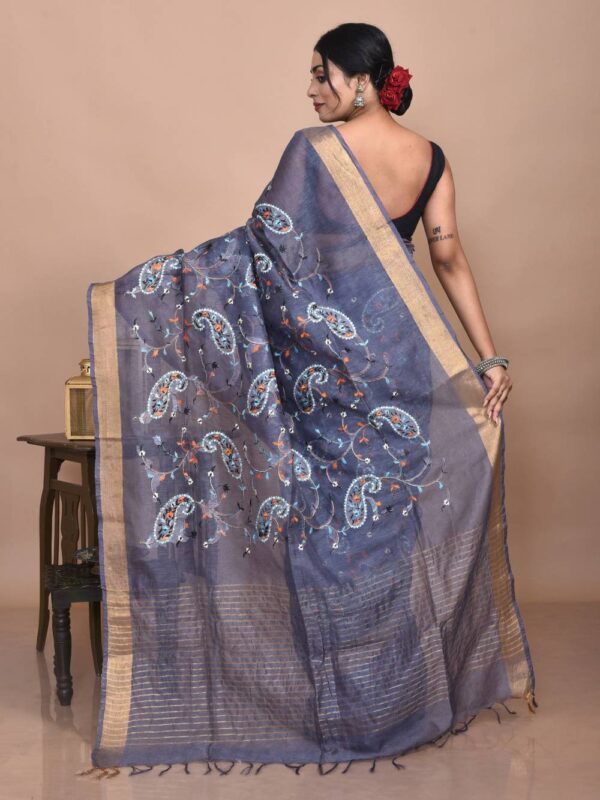 Grey Embroidered Linen Saree - Image 2