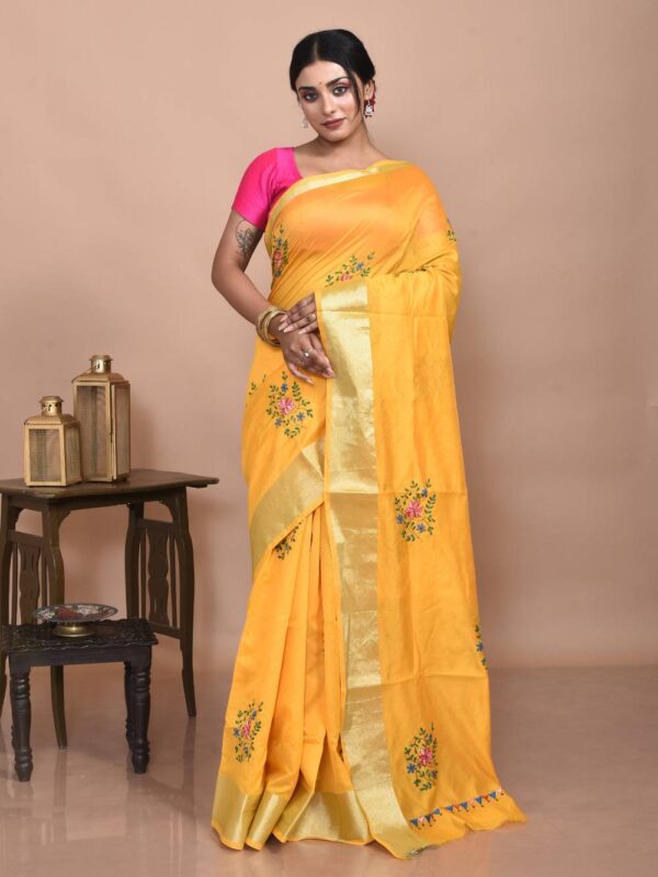 Yellow Hand Embroidered Chanderi Saree