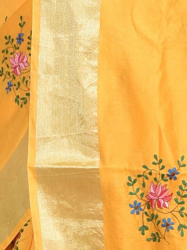 Yellow Hand Embroidered Chanderi Saree - Image 5