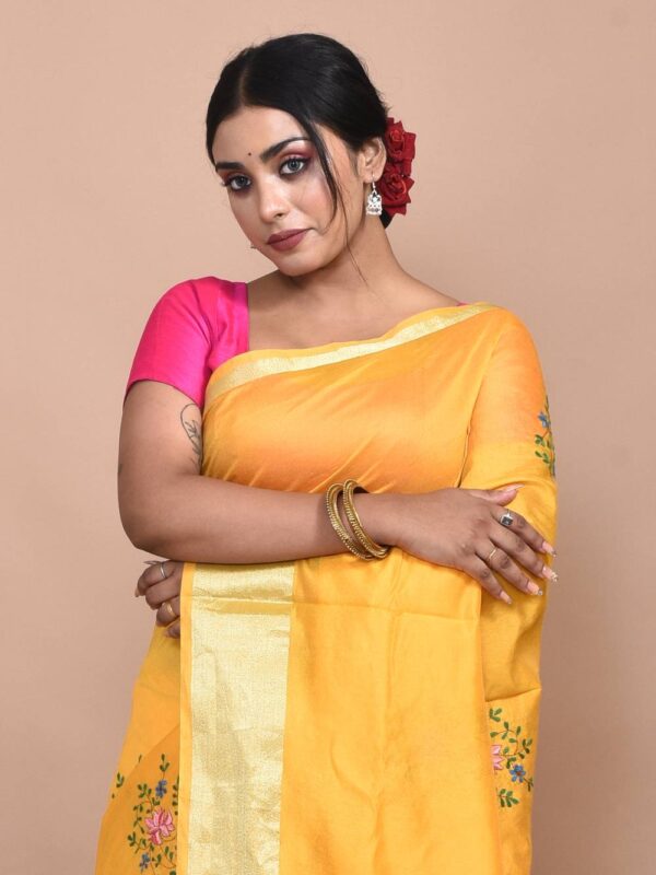 Yellow Hand Embroidered Chanderi Saree - Image 6