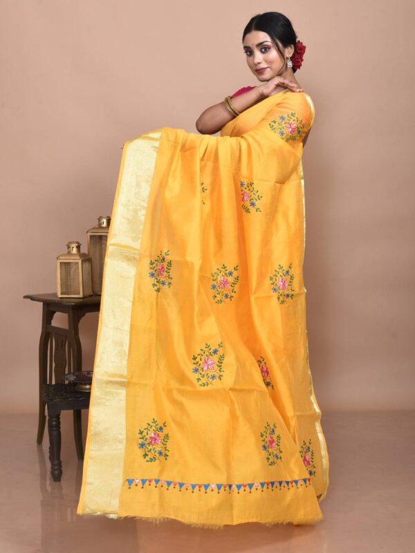 Yellow Hand Embroidered Chanderi Saree - Image 4