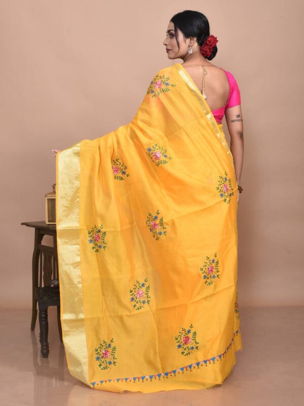 Yellow Hand Embroidered Chanderi Saree - Image 2
