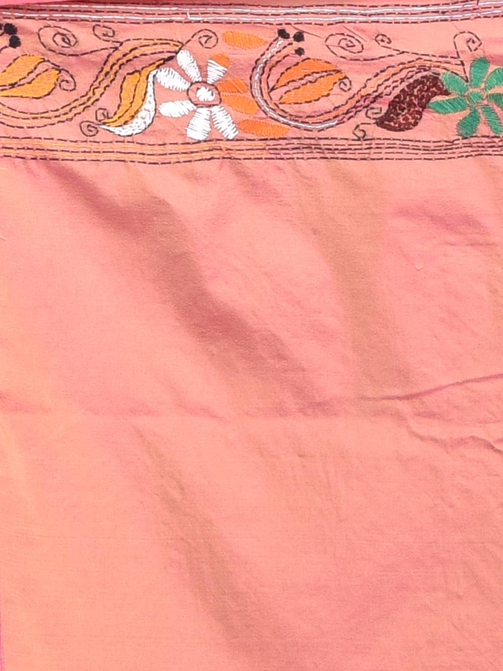 Orange Semi Silk Kantha Stitch Saree - Image 8