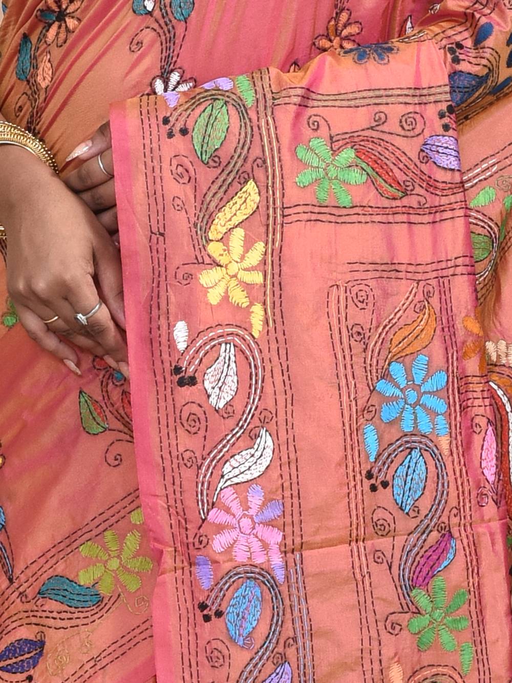 Orange Semi Silk Kantha Stitch Saree - Image 4