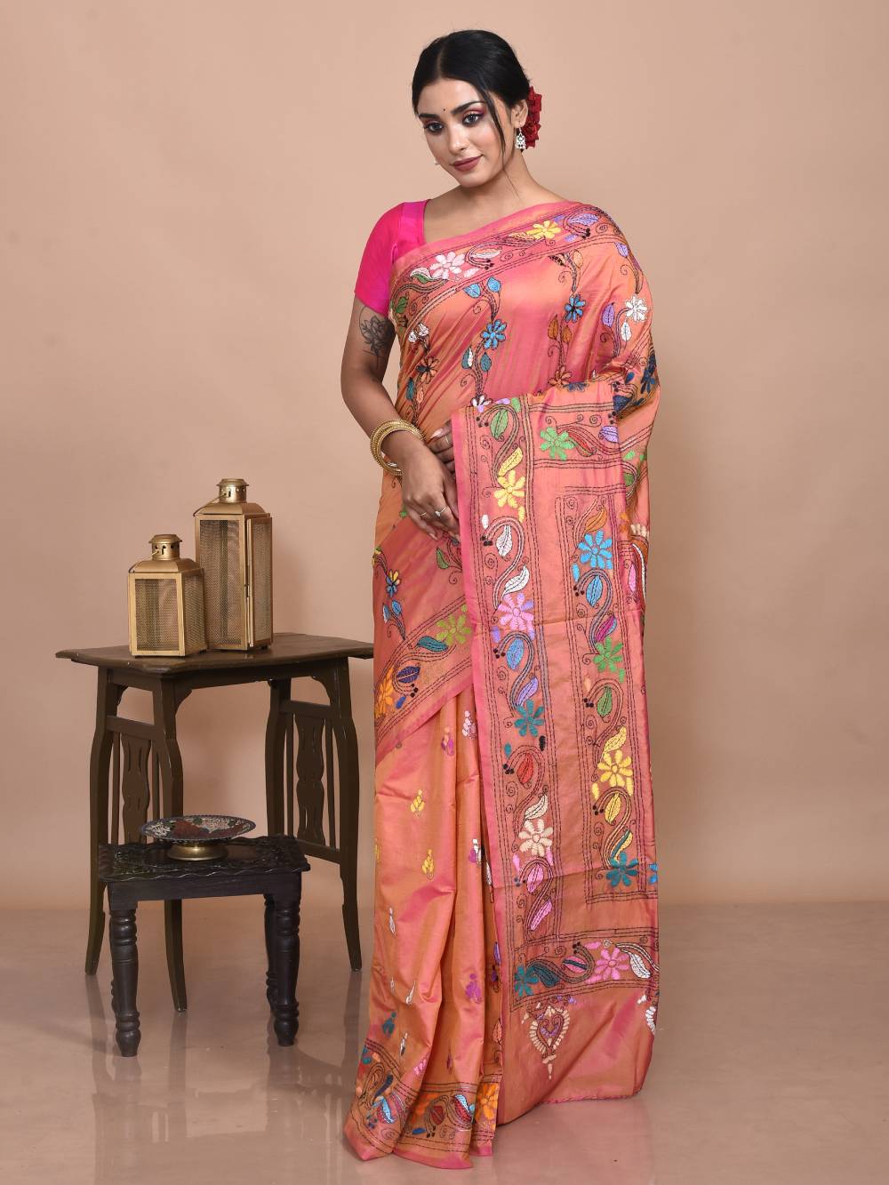 Orange Semi Silk Kantha Stitch Saree