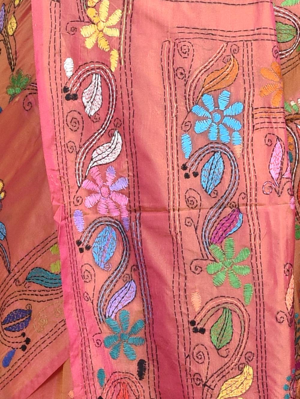 Orange Semi Silk Kantha Stitch Saree - Image 6