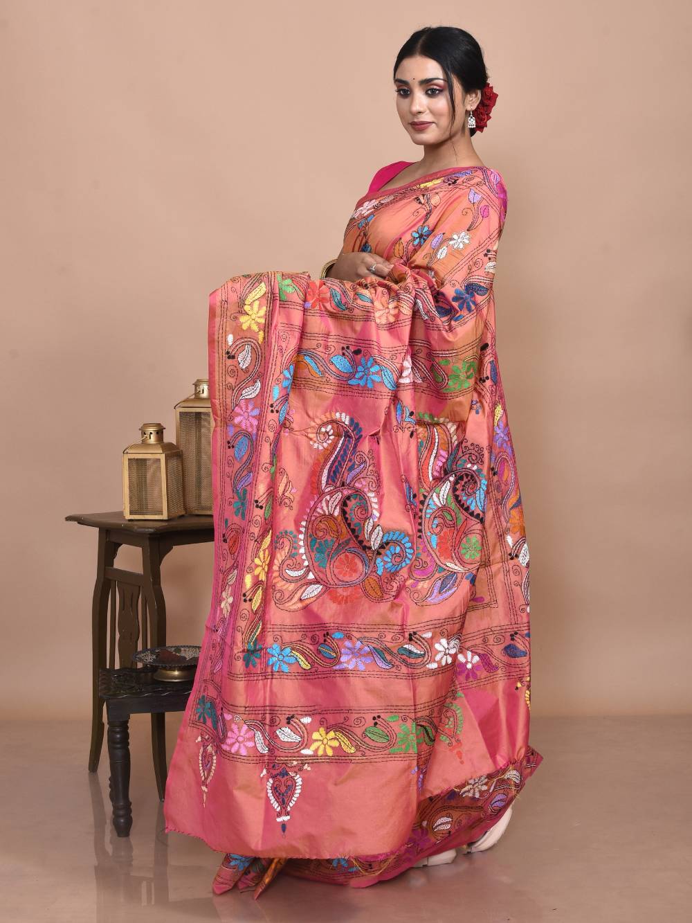Orange Semi Silk Kantha Stitch Saree - Image 5