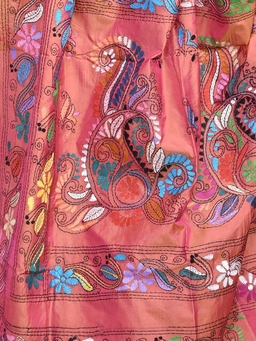 Orange Semi Silk Kantha Stitch Saree - Image 7
