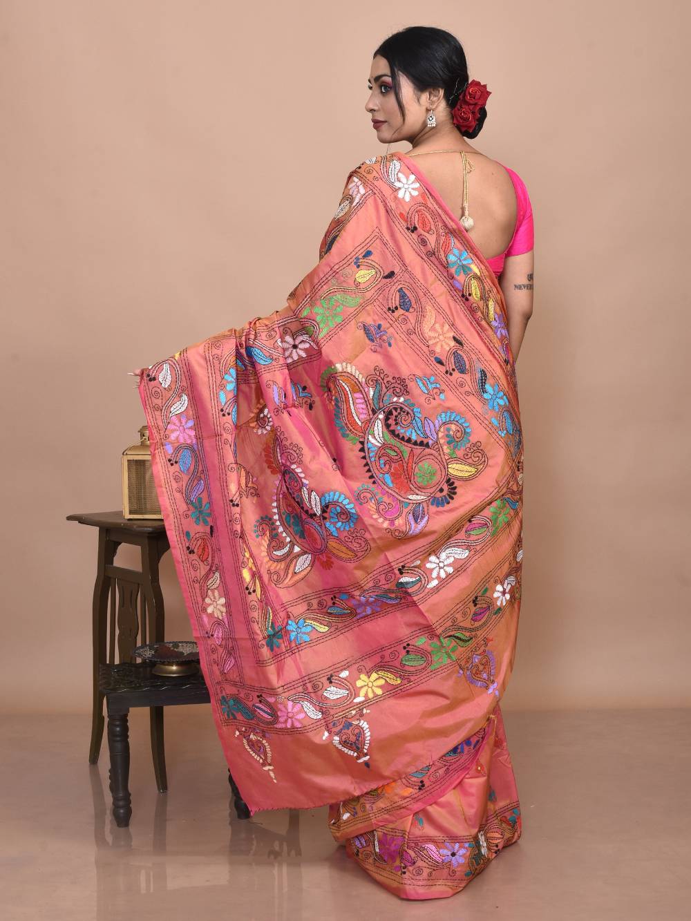 Orange Semi Silk Kantha Stitch Saree - Image 2