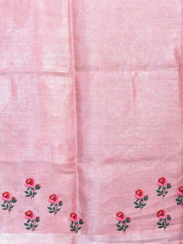 Pink Rose Hand Embroidered Linen Saree - Image 7